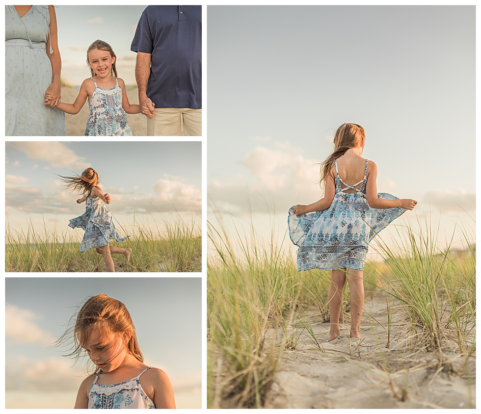 little girl on beach dunes