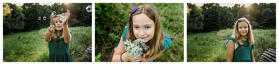 Pictures of Little girl in teal dress catching bubbles, smelling flowers and smiling in a field in Scotch Plains, NJ 
