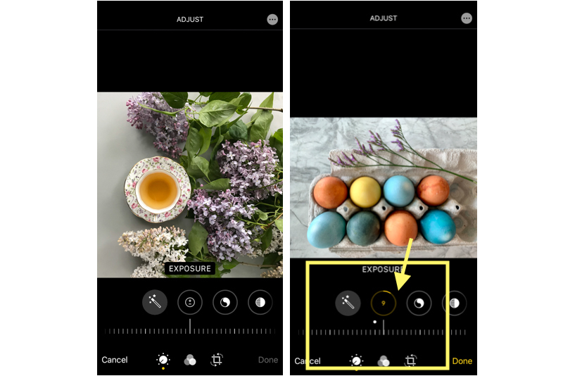 Image of lilacs and tea and colored Easter eggs illustrating iPhone exposure tool