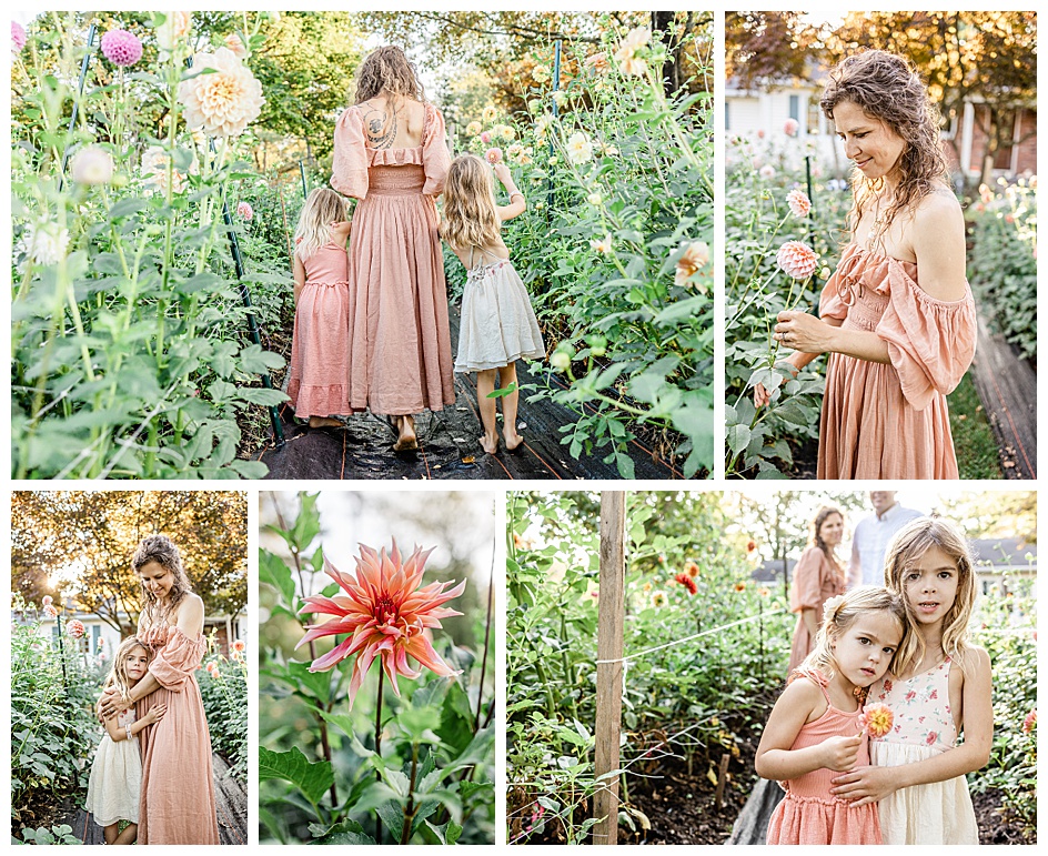 mother and daughters in a dahlia garden