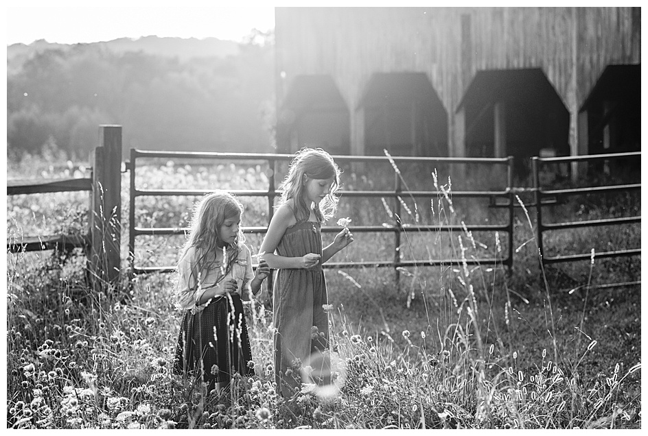 Black and white photo of little girls in field in Gladstone, NJ