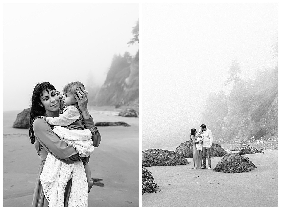 black and white image of mother and baby on beach in Oregon, NJ family photographer