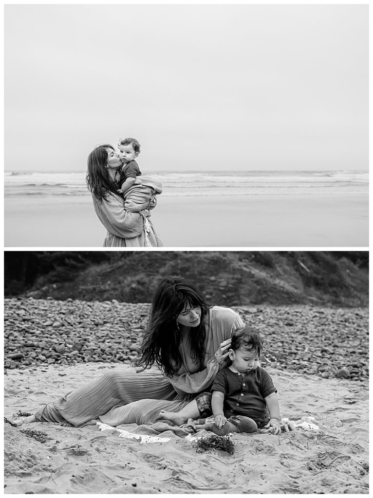 black and white image of woman and baby boy on beach