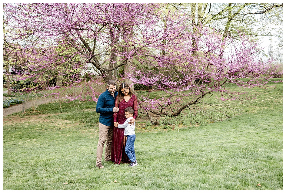 family of three embracing in front of a  tree with pink blossoms