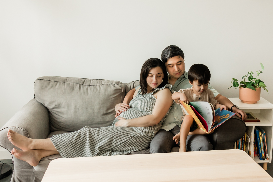 In-home maternity photo session with toddler