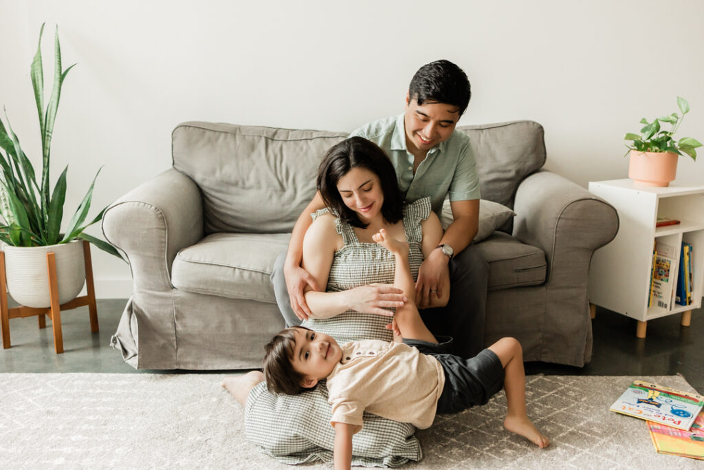 In-home maternity photo session with toddler